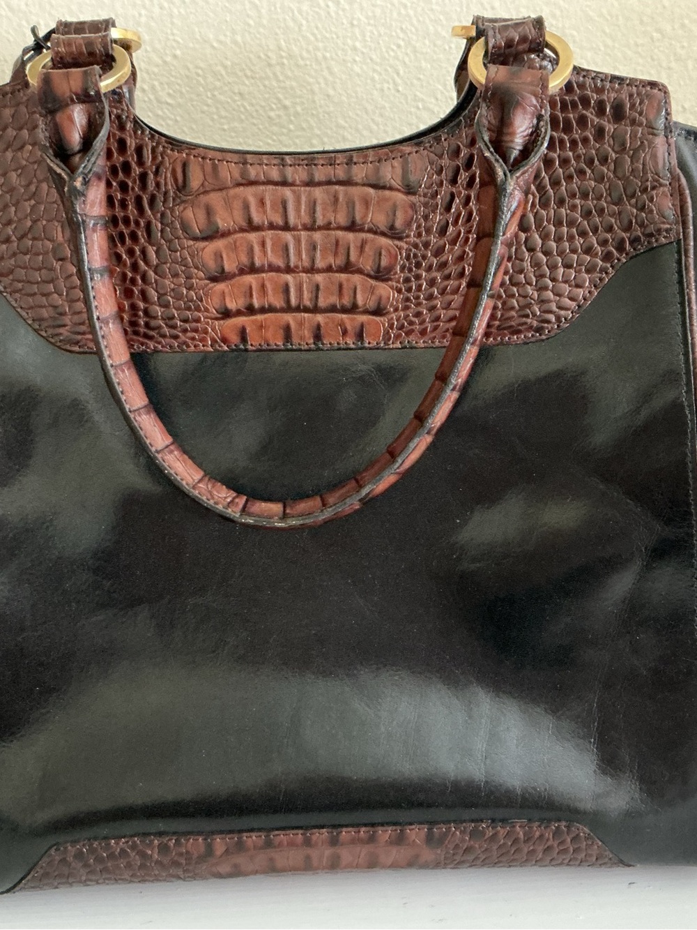 Black and Brown Croc-Trim Structured Tote